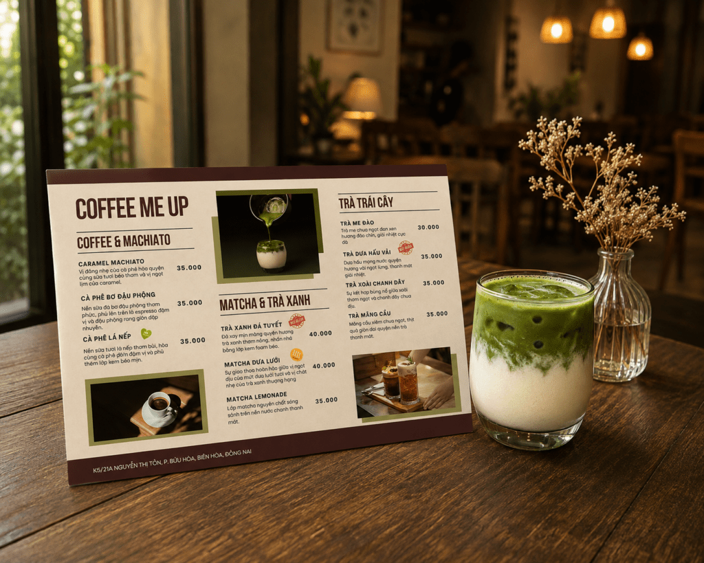 Menu đồ uống tại Coffea Me Up Biên Hòa.
